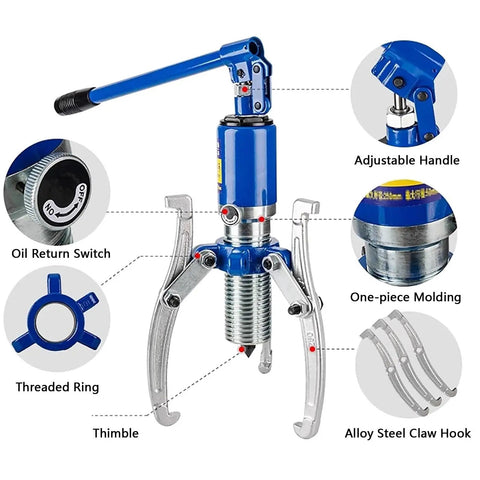 Hydraulic Gear Puller Set With 2/3 Jaw Bearing Puller Kit for car axles pulleys and wheel hubs, showing adjustable handle and oil return switch.