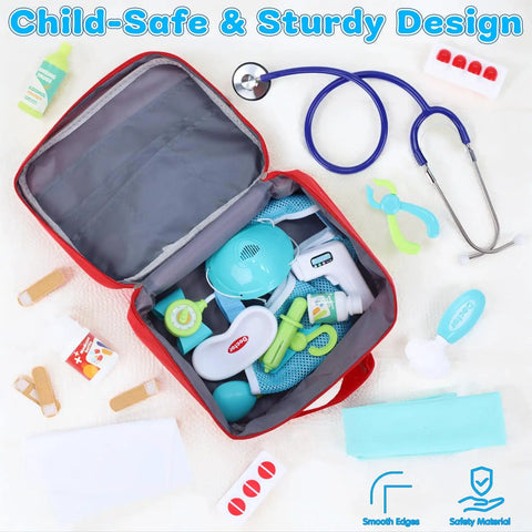 Kids Doctor Kit With Real Stethoscope And Storage Bag, 28 Piece Pretend Play Medical Toy with tools displayed in open case