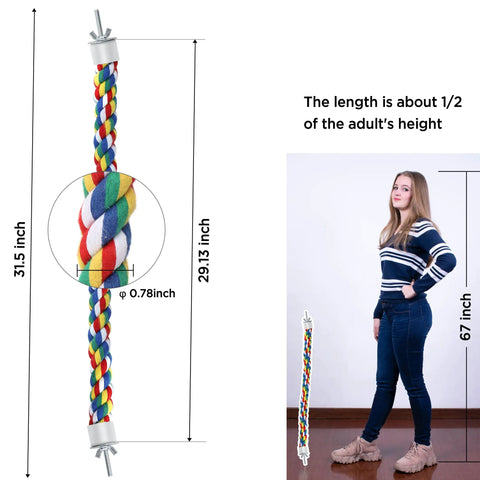 Totally Bendable Multicolor Cotton Bird Rope Perch Built Tough With A Steel Core And Quick Twist End Nuts, 31.5 inch long.