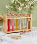 Wooden Test Tube Rack Kit With 12 Hole Holder And 12 Glass Tubes With Cork Stoppers 2 Tube Brushes And Corks Ten Point Four By Three Point Nine By Six Point Seven Inch Lab Gear For Chemistry Experiments And Science Class on display