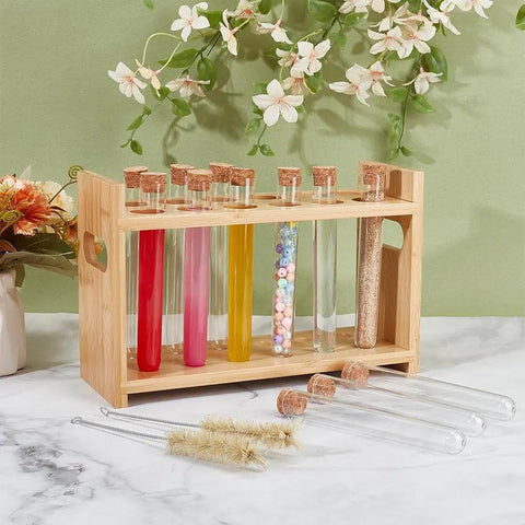 Wooden Test Tube Rack Kit With 12 Hole Holder And 12 Glass Tubes With Cork Stoppers 2 Tube Brushes And Corks Ten Point Four By Three Point Nine By Six Point Seven Inch Lab Gear For Chemistry Experiments And Science Class on display