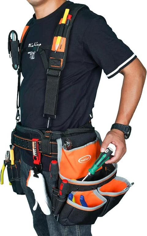 Man wearing Pro Framer Combo System Tool Belt With Suspenders Do It All Rugged Heavy Duty Construction Pouch Set