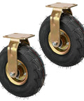 Pair Of Bombproof Heavy Duty Casters And Wheels, 8 Inch Plus 10 Inch Slick Swivel Rollers with rubber treads for yard dump carts.
