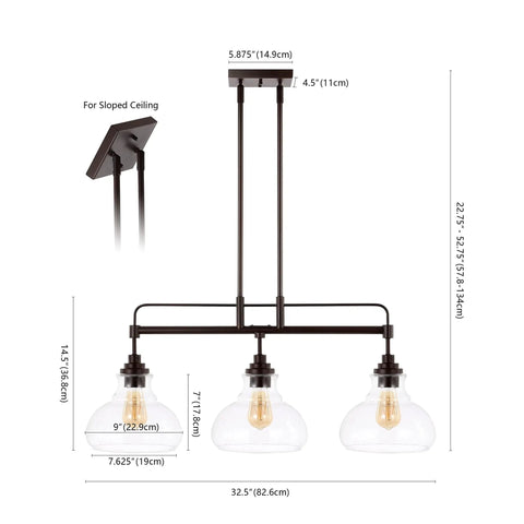 Oil Rubbed Bronze 3 Light Linear Pendant With Iron And Glass, Farmhouse Industrial Kitchen Island Light dimensions illustrated