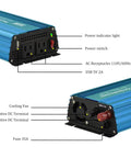 Front and rear view of Pure Sine Wave Power Inverter 12V DC To 120V AC 300W with labeled dual 110V outlets, USB 5V 2A, terminals, and cooling fan.