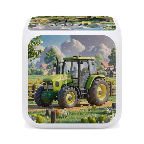 Front view of Tractor Farm Alarm Clock with 7 Color Changing Night Light featuring a green farm tractor illustration.