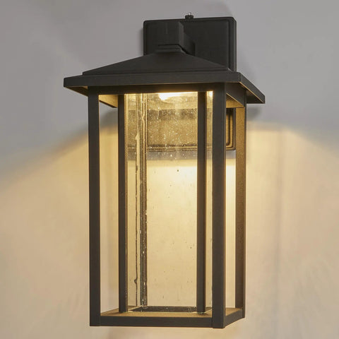 Seeded Glass Outdoor Wall Light With Dusk To Dawn Sensor, 1000 Lumens Of Warm 3000K Glow, 15.5 Inch Tall Porch Lantern