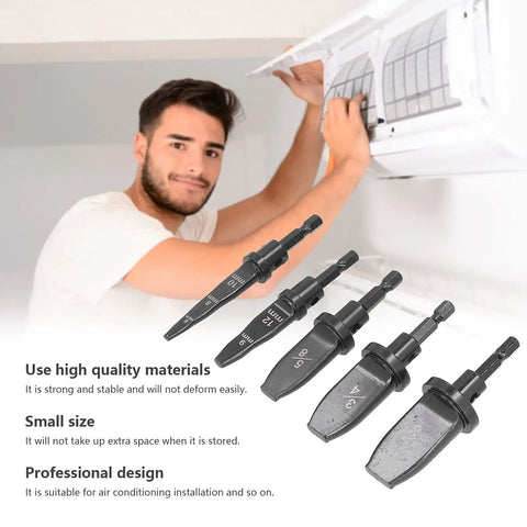 Heavy Duty Copper Pipe Expander Set With Hex Handle And Seven Flaring Bits For Air Conditioner Repair High Speed Steel Expansion Tool 5/8 3/4 7/8 In with worker installing.