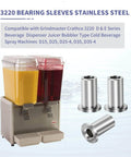 Three Pack 3220 Bearing Sleeve For D And E Series Beverage Dispensers And Juicers Gear, Fits D15 D25 D25-4 D35 D35-4 E27 E29 E47 E49, Stainless Steel Bubbler Type Replacement Part with image of dispenser and stainless sleeves