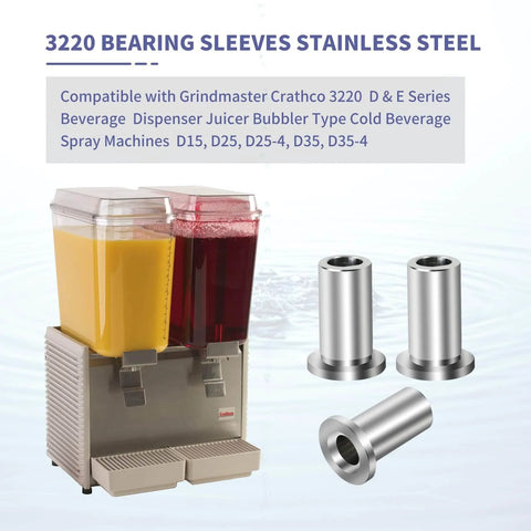 Three Pack 3220 Bearing Sleeve For D And E Series Beverage Dispensers And Juicers Gear, Fits D15 D25 D25-4 D35 D35-4 E27 E29 E47 E49, Stainless Steel Bubbler Type Replacement Part with image of dispenser and stainless sleeves