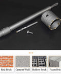 Front view of WUWEOT concrete hole saw set with 2-1/2 inch hole saw on 220mm shank, 65mm wall bit, drill bit, bolt and nut.