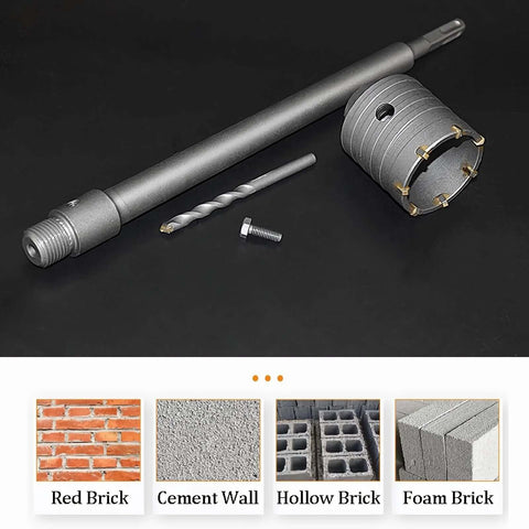 Front view of WUWEOT concrete hole saw set with 2-1/2 inch hole saw on 220mm shank, 65mm wall bit, drill bit, bolt and nut.