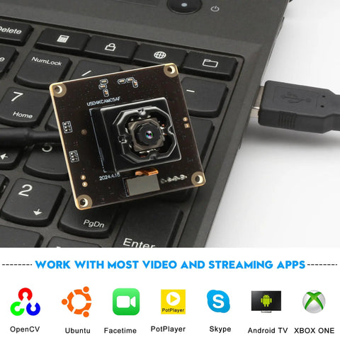 4K USB Camera Module With IBIS Stabilization Anti Shake 11MP Autofocus Lens on a keyboard, showcasing plug-and-play connectivity.