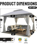 13x13 Pop Up Gazebo Canopy Tent For Backyard And Patio With Easy One Push Centerlok Setup shown with dimensions and wheeled bag