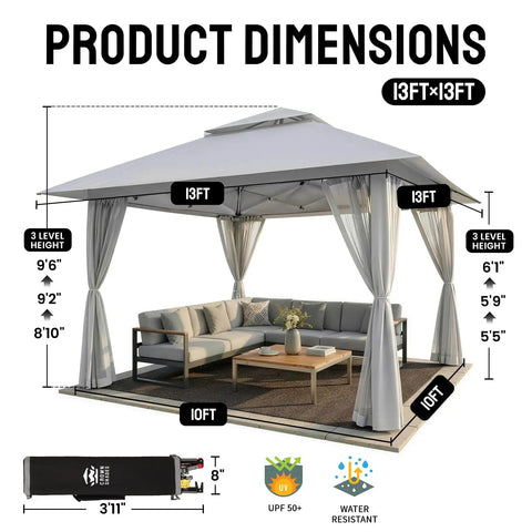 13x13 Pop Up Gazebo Canopy Tent For Backyard And Patio With Easy One Push Centerlok Setup shown with dimensions and wheeled bag
