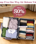 Open suitcase showing folded clothes and Travel Laundry Bag For Dirty Clothes With Waterproof Moisture Resistant Vacuum Compression Space Saving Organizer For Cruise Gym And Beach Trips Keeps Your Luggage Tidy And Clothes Fresh On The Go, demonstrating space-saving.