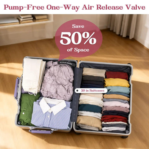 Open suitcase showing folded clothes and Travel Laundry Bag For Dirty Clothes With Waterproof Moisture Resistant Vacuum Compression Space Saving Organizer For Cruise Gym And Beach Trips Keeps Your Luggage Tidy And Clothes Fresh On The Go, demonstrating space-saving.