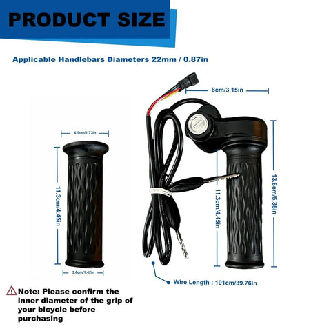 Full Twist Ebike Throttle With Key Lock, Waterproof 3 Pin Design, Easy Install Plug And Play 22mm Handlebar Fit, Universal Voltage For Electric Bicycles And Scooters, Anti Slip Grips For Secure, Smooth Rides On 22mm Handlebars