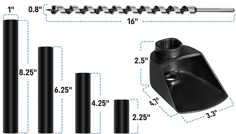 Versatile Soil Sampler Drill Set with adjustable depth tubes, shown with various tube sizes and a drill bit, black material.