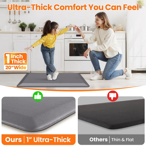Ultra Thick 1 Inch Anti Fatigue Kitchen Mat For Floor, Non Slip And Waterproof Cushioning, Perfect For Cooking, Cleaning Or Desk Work, 20 X 39 Inches, Grey, Built To Last And Easy To Clean, shown in kitchen setting with mother and child.