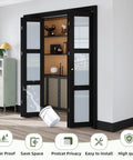 Black Bifold Closet Doors For A 72 By 80 Inch Opening Featuring Hella Smooth Glide Tempered Frosted Glass MDF Prehung Interior Bifold System With Concealed Track Hardware, open view of storage area.