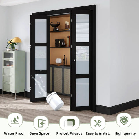 Black Bifold Closet Doors For A 72 By 80 Inch Opening Featuring Hella Smooth Glide Tempered Frosted Glass MDF Prehung Interior Bifold System With Concealed Track Hardware, open view of storage area.