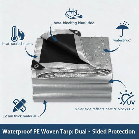 Heavy Duty 12x16 Foot Waterproof Poly Tarp With Grommets And Reinforced Edges, 12 Mil Thick, dual-sided silver and black