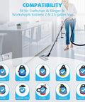 Woman using 12 Pack Dust Filter Bags Replacement For 2 To 2.5 Gallon Wet Dry Vacs And Powerhead Bucket Vac With 3 Retaining Bands In Blue Part 9-38737 Compatible With Most 2 To 2.5 Gallon Vacuums.