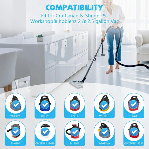 Woman using 12 Pack Dust Filter Bags Replacement For 2 To 2.5 Gallon Wet Dry Vacs And Powerhead Bucket Vac With 3 Retaining Bands In Blue Part 9-38737 Compatible With Most 2 To 2.5 Gallon Vacuums.
