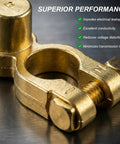 Slick SAE To JIS Battery Terminal Converters 2 Piece Quick Release Top Post Clamps close-up of brass connector with bolt fastening.