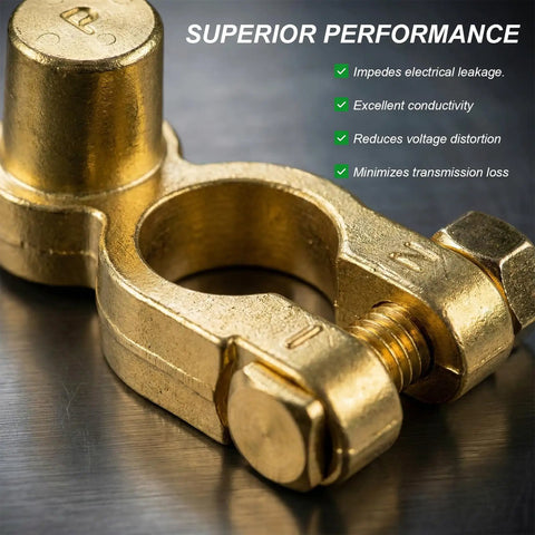 Slick SAE To JIS Battery Terminal Converters 2 Piece Quick Release Top Post Clamps close-up of brass connector with bolt fastening.