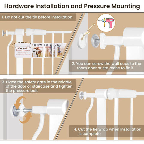 Installation instructions for Easy Walk-Through Baby Safety Gate With Auto Close And Hold Open, All Steel Construction Stands 30 Inches Tall.