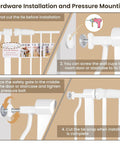 Hardware installation and pressure mounting guide for Easy Walk Through Safety Gate For Doorways And Stairs With Auto Close