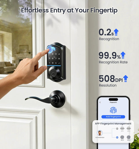 Slick Fingerprint Smart Lock With Premium Matte Black Double Lever Handle Set offering easy app control and fast biometric unlock.