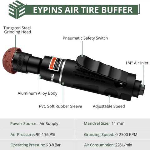Shop Ready Heavy Duty Air Tire Buffer Kit Includes 2500 Rpm Pneumatic Grinder features tungsten steel head, adjustable speed, aluminum body.