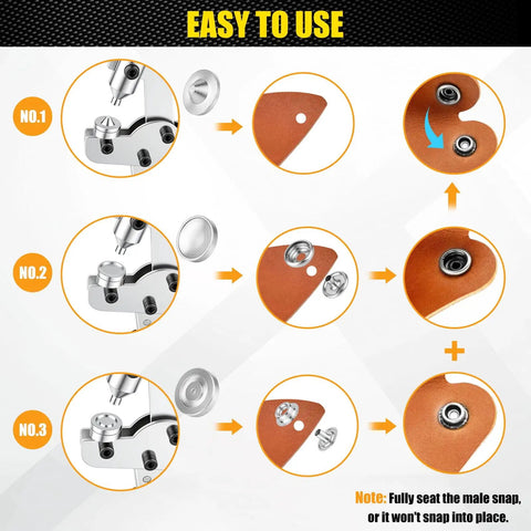 Step-by-step guide showing how to use the Badass Hand Press Plier With Three Interchangeable Dies And A Massive 120 Piece 15mm Stainless Steel Snap Fastener Kit.