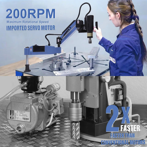Heavy Duty Electric Servo Tapping Machine Up To M24 With Kickass Torque Protection And Slick 360 Degree Universal Arm Including Eight Ansi Collets For Straight Up Fast Thread Cutting At 110V with servo motor at 200 RPM.