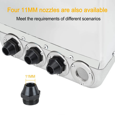 Close-up of four 11MM nozzles on Cement Mortar Stucco Sprayer With Four Replaceable Spray Jets And Plaster Hopper for wall painting.