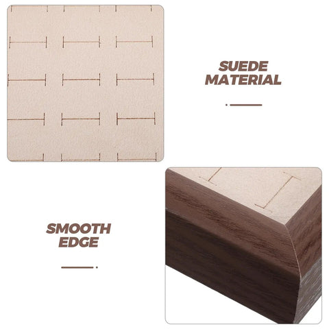 Sleek Wooden Jewelry Organizer Tray With 30 Compartments And A Sick Walnut Finish, suede material and smooth edges detail.