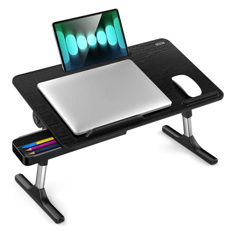 Adjustable Laptop Table With Built In Tablet Groove And Storage Drawer Portable Lap Desk And Foldable Sofa Tray, fits 17 inch laptops