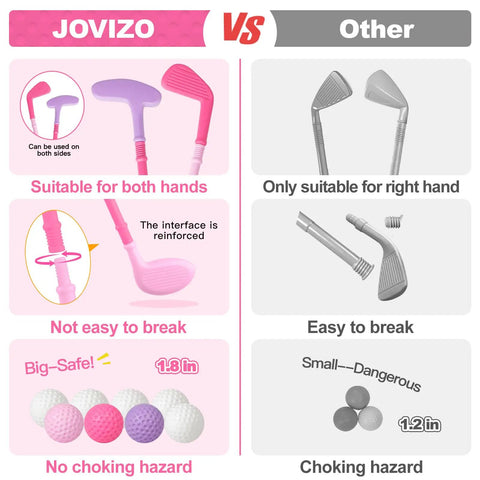 Comparison of JOVIZO Toddler Golf Set For Boys And Girls Ages 2 3 4 With Upgraded Kids Golf Cart, showing safe design and large balls