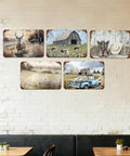 Wall display of rustic metal signs including the Vintage Blue Farm Truck Metal Tin Sign Rustic Country Farmhouse Wall Decor.