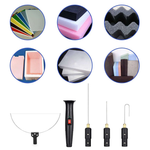 4-in-1 foam cutter kit with voltage controller; collage showing handheld cutting pen and assorted foam sheets, blocks, and tips.