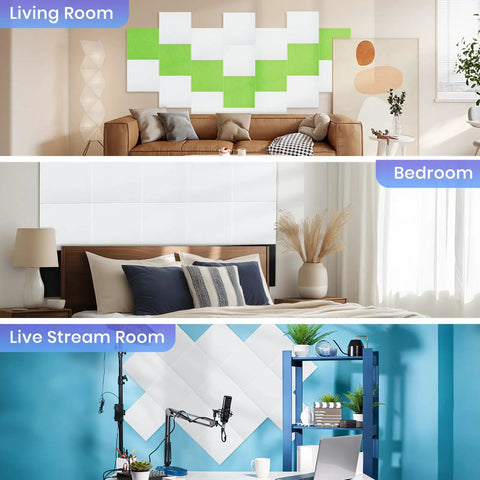 18 Pack Self Adhesive Acoustic Panels For Walls High Density Soundproof Foam Tiles 12 Inch Square White Squares in living room, bedroom, live stream room.