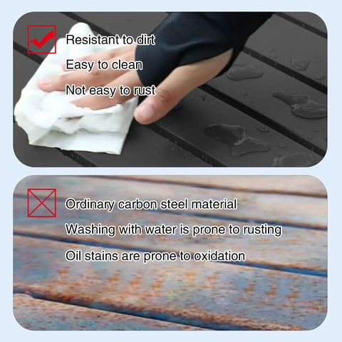 Comparison of rust-resistant foldable aluminum beach table top surface with ordinary carbon steel showing cleaning ease and durability.