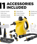 Heavy Duty Handheld Steam Cleaner Badass Chemical Free Deep Powerhouse with 11 Slick Nozzles and accessories displayed.