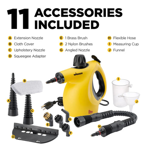 Heavy Duty Handheld Steam Cleaner Badass Chemical Free Deep Powerhouse with 11 Slick Nozzles and accessories displayed.