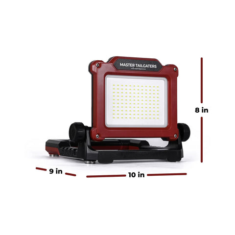 Flud 4000 LED Work Flood Light in red housing for Milwaukee 18V Batteries, 9x10x8 inches with height measurements.
