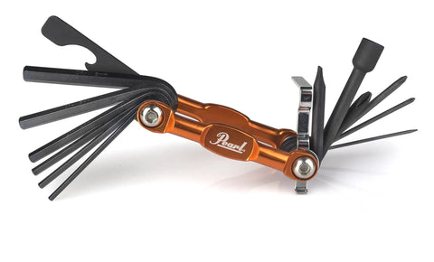 Orange Anodized TechTool Drum Key and Drum Set Multi Tool for drummers with forged S2 alloy tools, hex keys, screwdrivers, and bottle opener