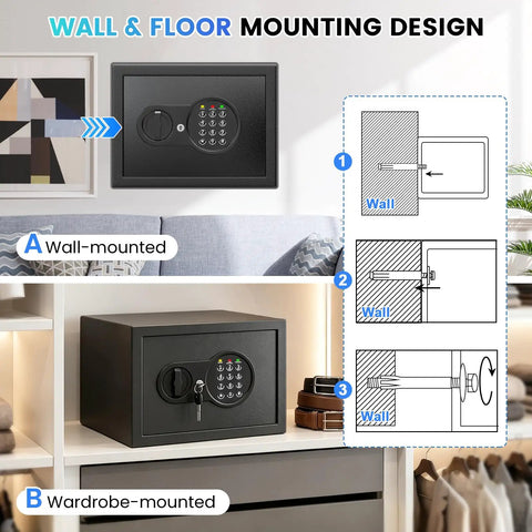 Compact Home Safe 0.9 Cu Ft With Removable Shelf Fireproof And Waterproof Bag Programmable Keypad Smart Alerts And Wall Mount Kit diagram